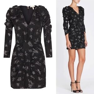 REBECCA TAYLOR Glitter Print Silk Jacquard Dress Floral Metallic Black Size 2
